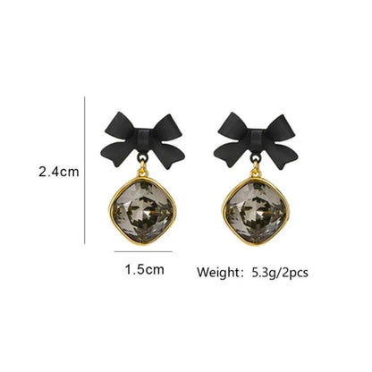 Gold Bow Crystal Drop Earrings