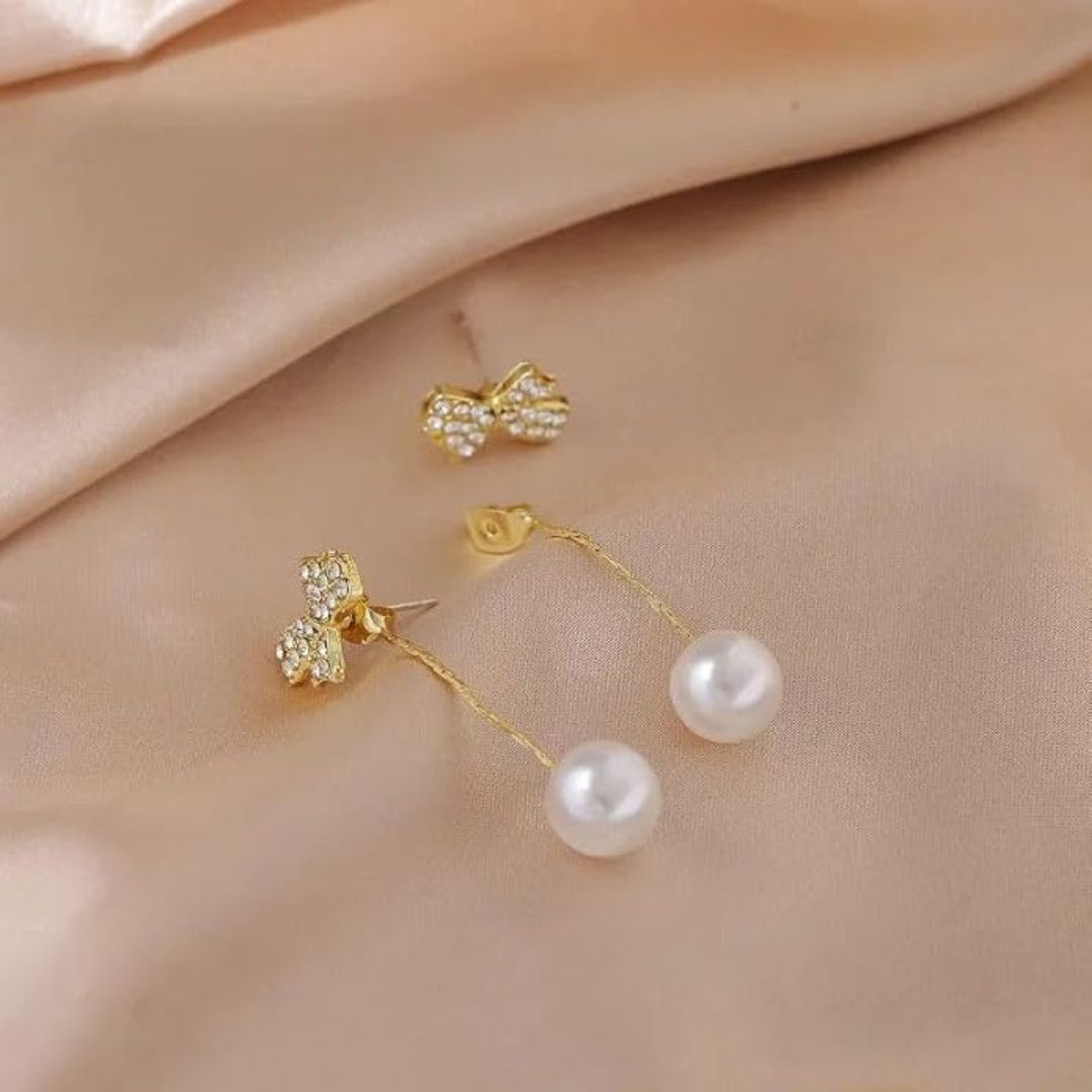 Gold Bow Pearl Tassel Drop Earrings