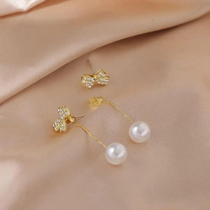 Gold Bow Pearl Tassel Drop Earrings