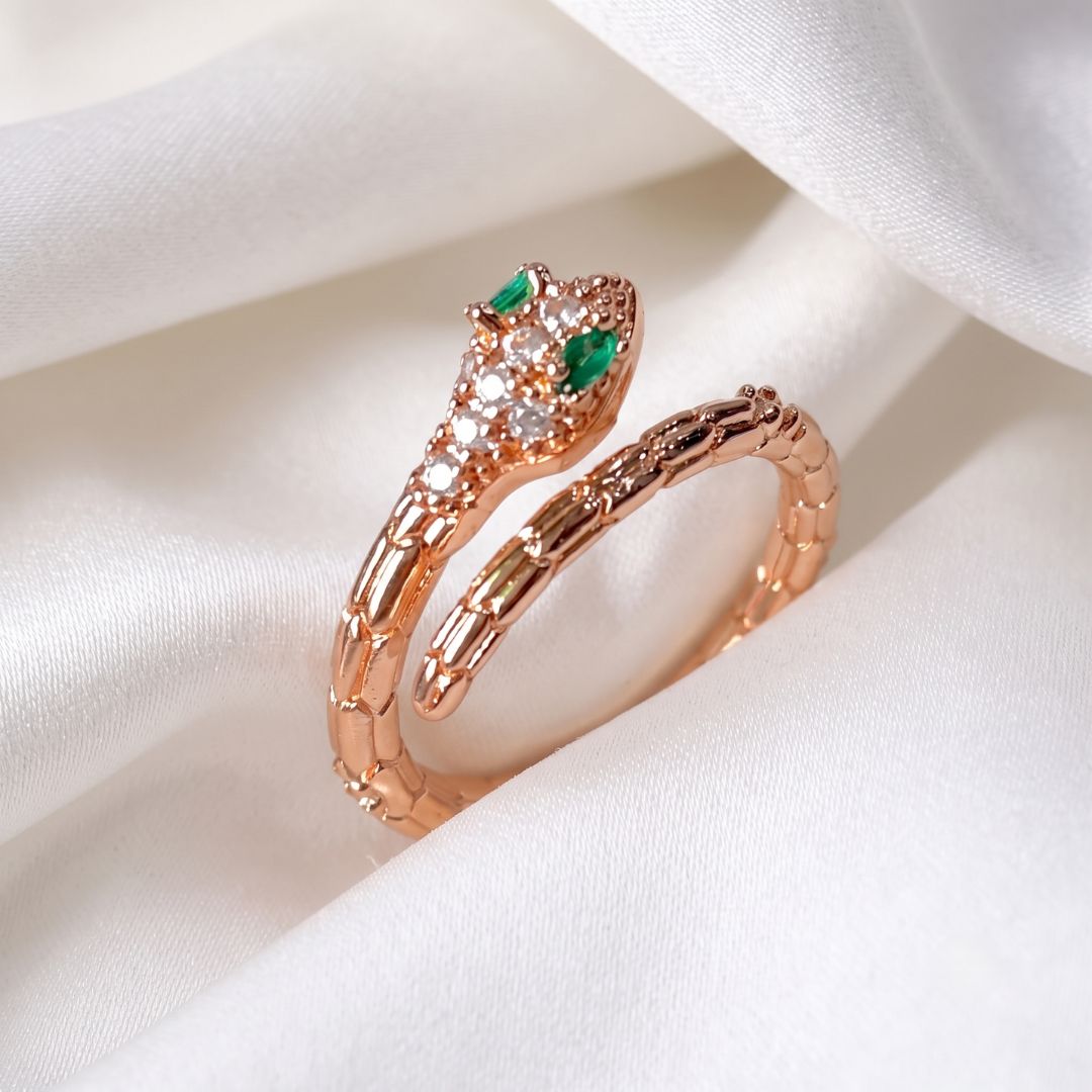 Adjustable Snake Ring for Women | Rose Gold Plated Serpent Ring with Green Stone Eyes