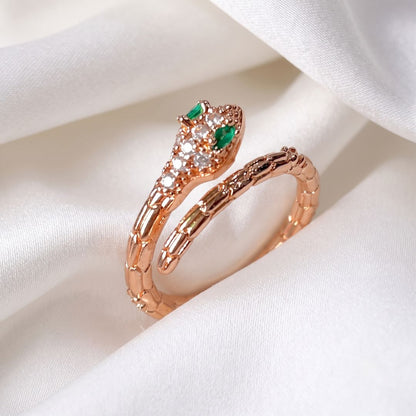 Adjustable Snake Ring for Women | Rose Gold Plated Serpent Ring with Green Stone Eyes