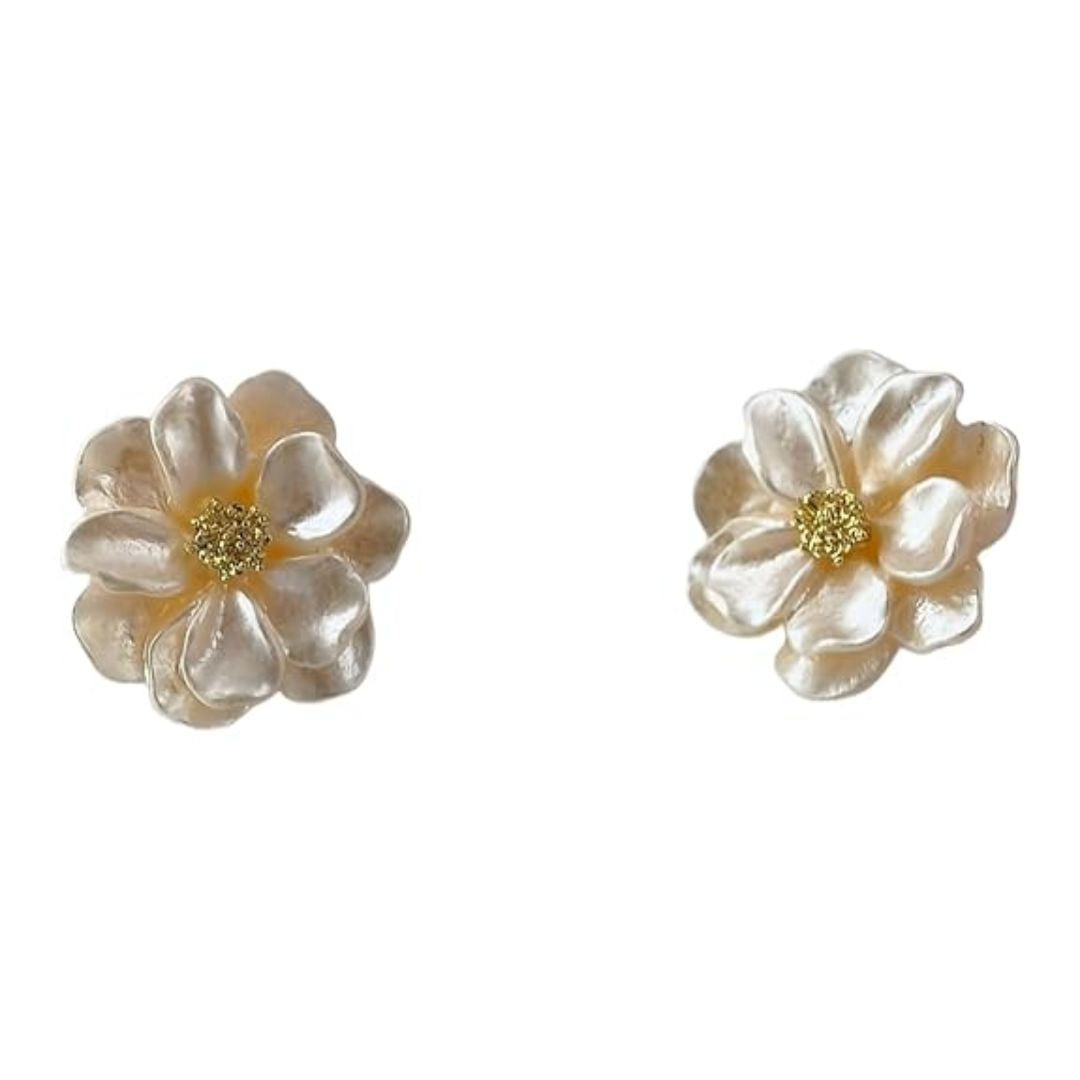 Pearl Flower Stud Earrings | Gold-Center Floral Earrings