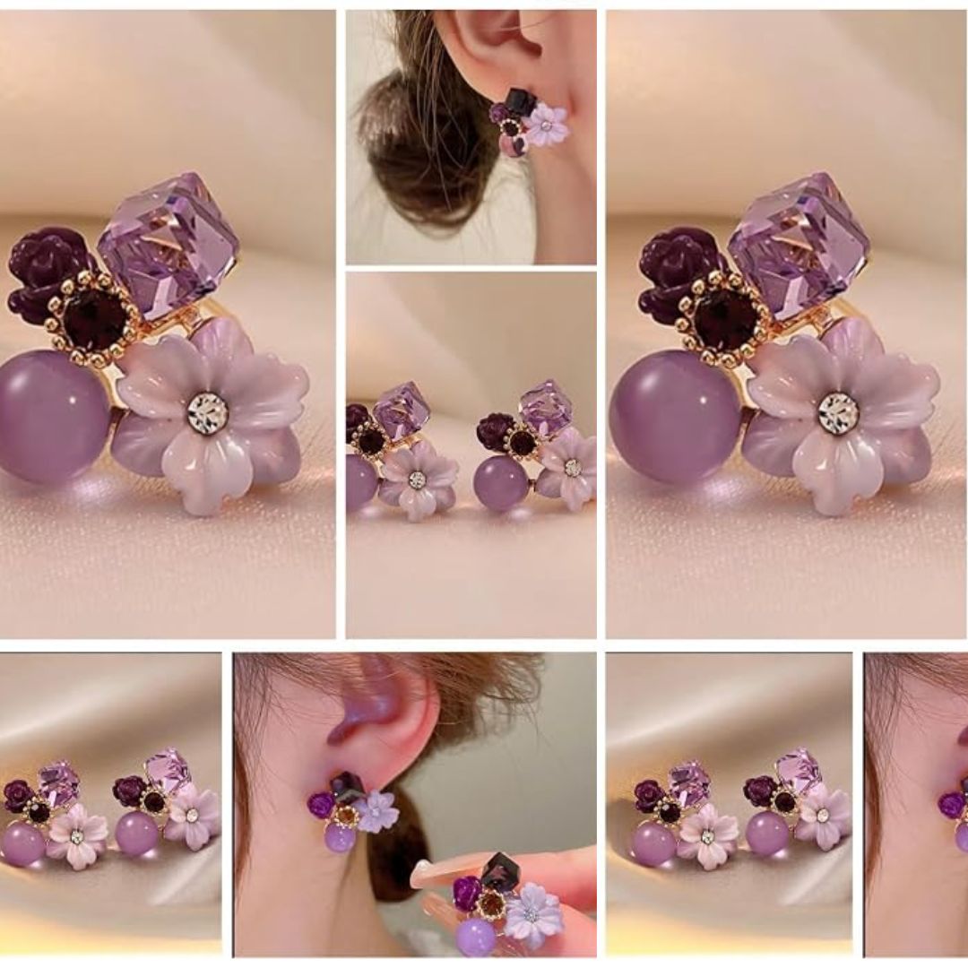 Purple Floral Crystal Stud Earrings | Geometric Rhinestone Flower Earrings
