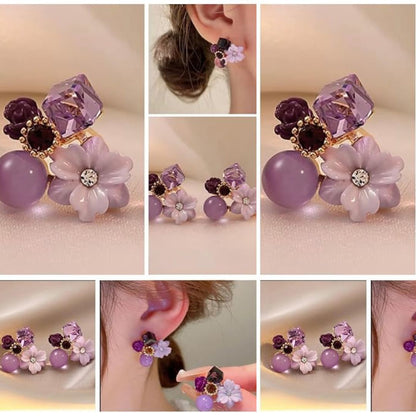 Purple Floral Crystal Stud Earrings | Geometric Rhinestone Flower Earrings