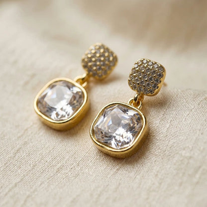 Gold Cushion-Cut Crystal Drop Earrings for Women | Sparkling Statement Earrings