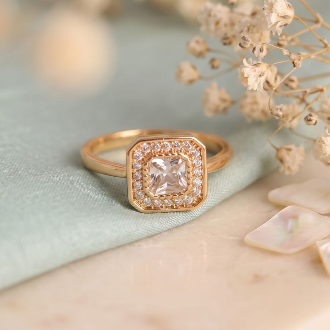 Adjustable Square Halo Solitaire Ring for Women | Gold Plated Cushion Cut CZ Ring