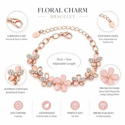 Dainty Rose Gold Pink Cat's Eye Floral Station Bracelet