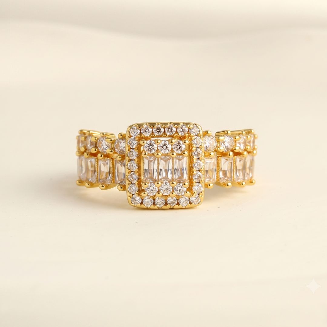 Adjustable Baguette & Halo Statement Ring for Women | Gold Plated CZ Ring