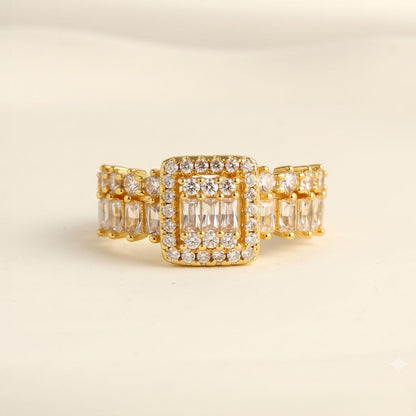 Adjustable Baguette & Halo Statement Ring for Women | Gold Plated CZ Ring