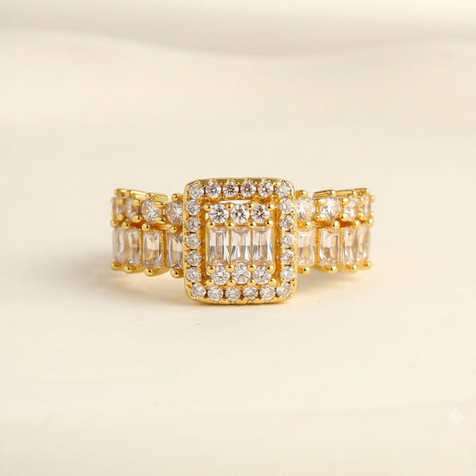 Adjustable Baguette & Halo Statement Ring for Women | Gold Plated CZ Ring