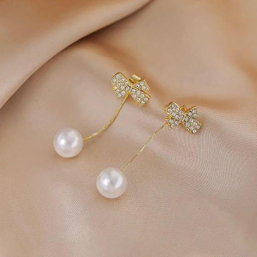 Gold Bow Pearl Tassel Drop Earrings