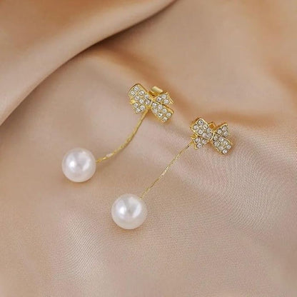 Gold Bow Pearl Tassel Drop Earrings