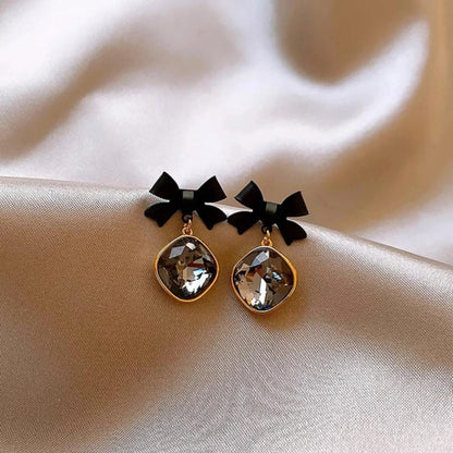 Gold Bow Crystal Drop Earrings
