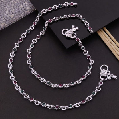 Silver Plated Multicolor Stone Anklet Pair (Payal) for Women | Ruby & Emerald Color Stone Chain Payal