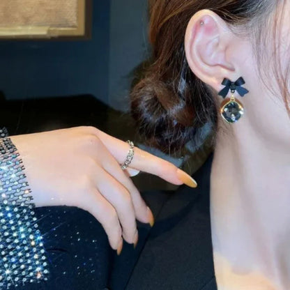 Gold Bow Crystal Drop Earrings