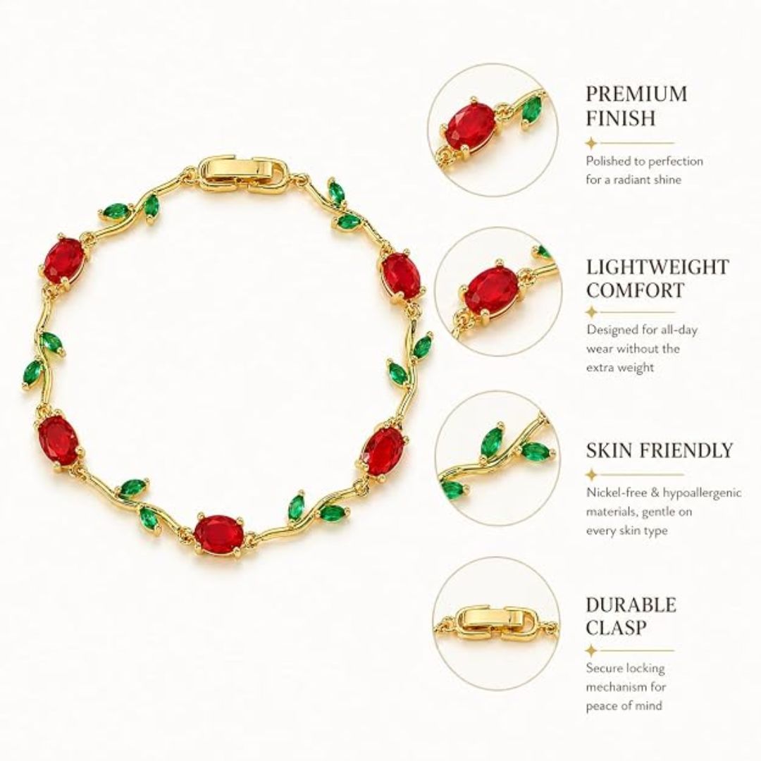 Tulip Floral Bracelet | Red & Green Stone Stainless Steel