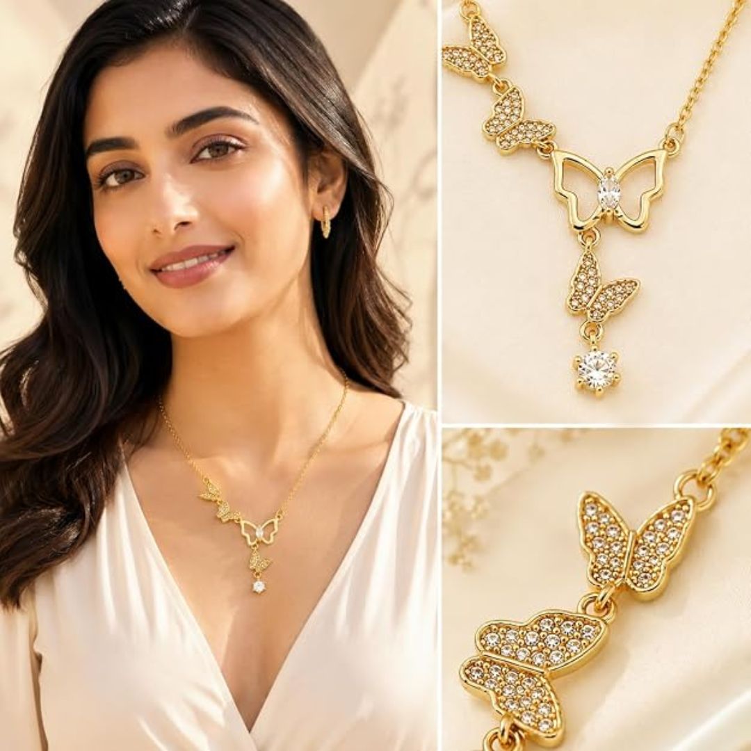 Butterfly Long Anti Tarnish Layered Necklace for Women | Gold Tone Multi-Strand Necklace