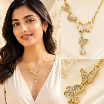 Butterfly Long Anti Tarnish Layered Necklace for Women | Gold Tone Multi-Strand Necklace