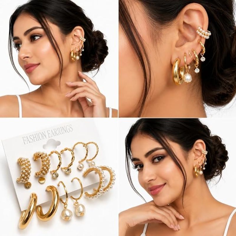 Combo of 9 Pair Gold Earrings Set for Women & Girls