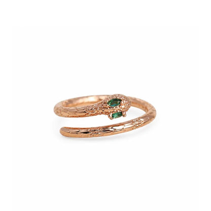 Adjustable Snake Ring for Women | Rose Gold Plated Serpent Ring with Green Stone Eyes