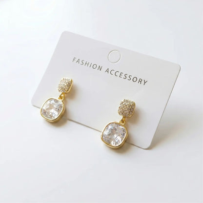 Gold Cushion-Cut Crystal Drop Earrings for Women | Sparkling Statement Earrings