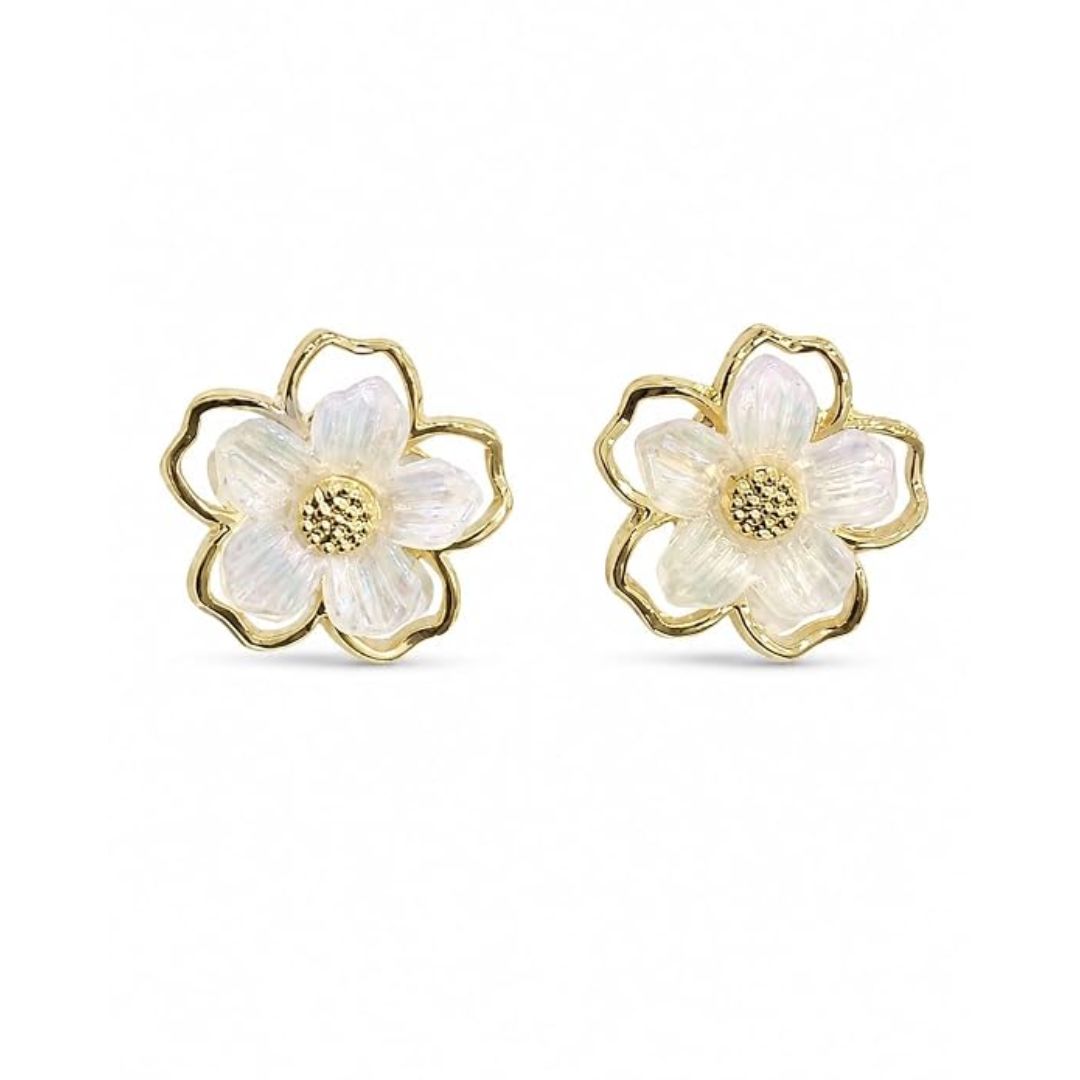 White Floral Pearl Enamel Stud Earrings for Women | Gold-Tone Flower Earrings