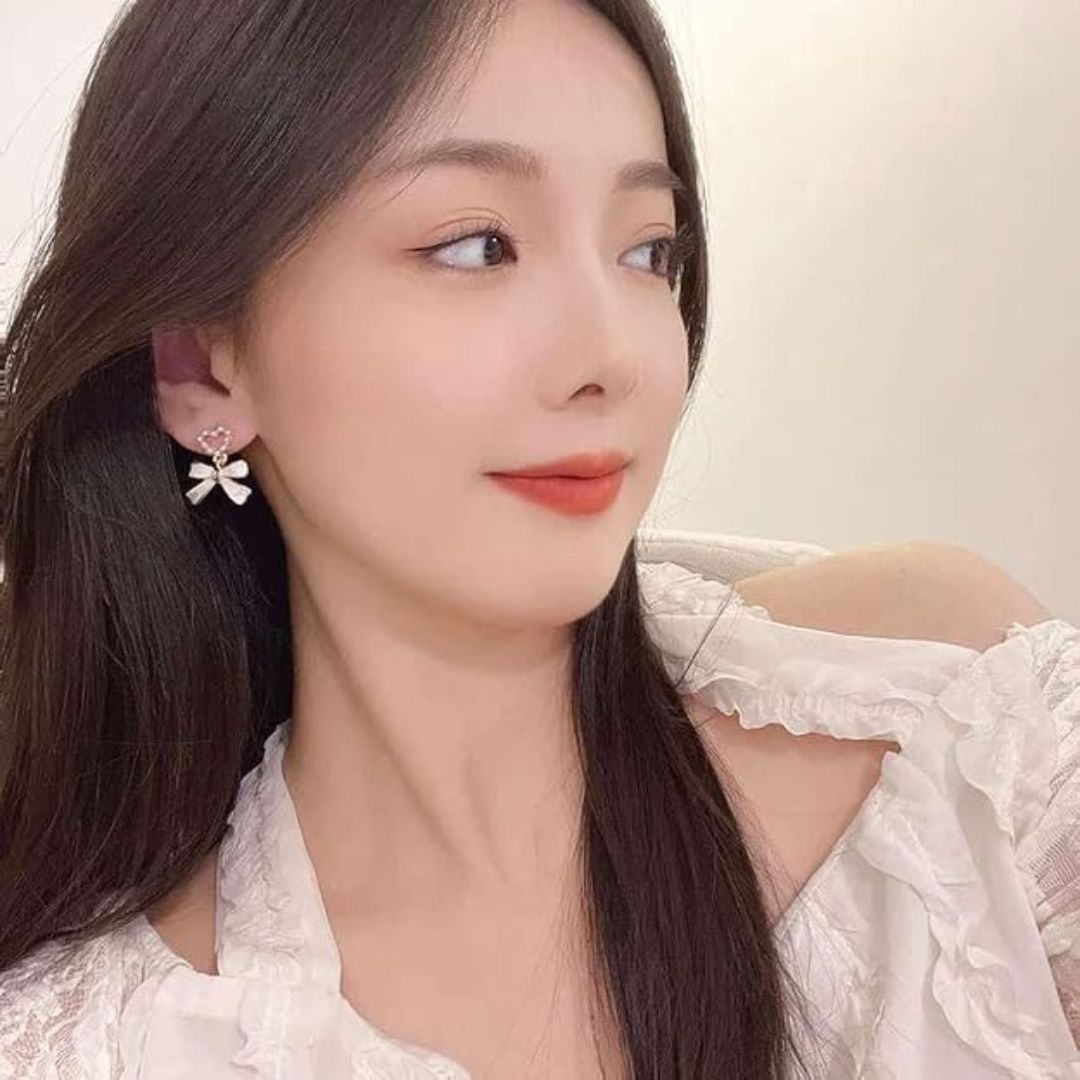 Heart Bow Drop Earrings | Elegant Gold-Tone Dangle Earrings