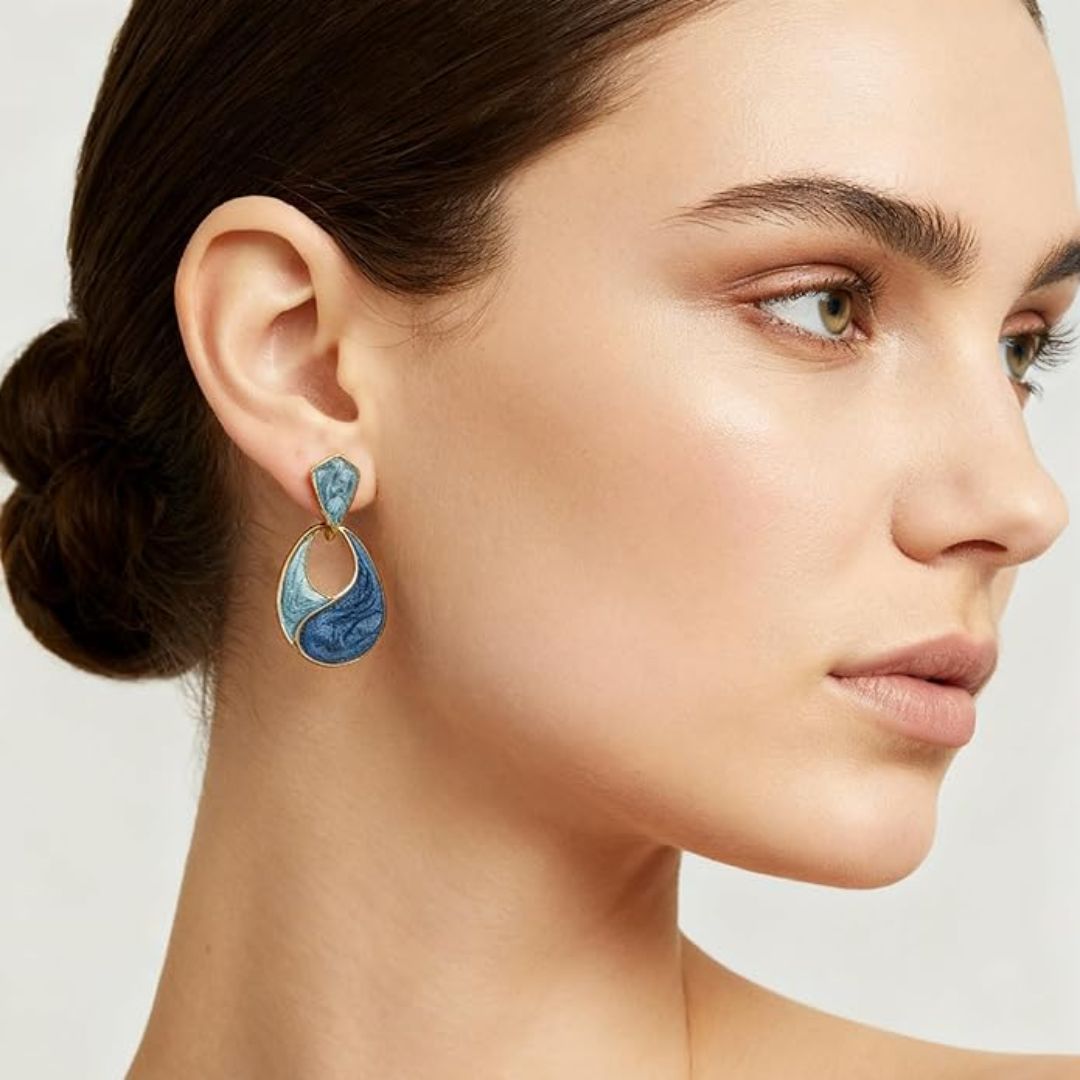 Ocean Swirl Blue Enamel Drop Earrings