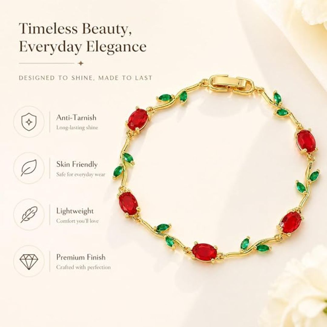Tulip Floral Bracelet | Red & Green Stone Stainless Steel