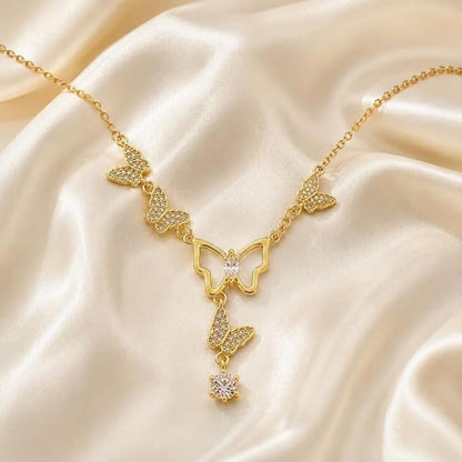 Butterfly Long Anti Tarnish Layered Necklace for Women | Gold Tone Multi-Strand Necklace