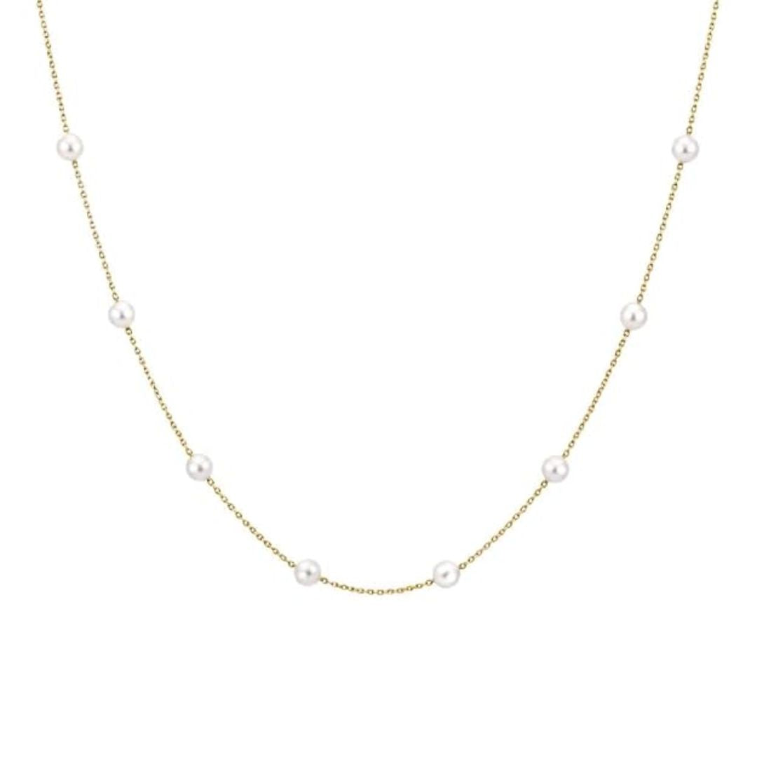 Pearl Station Necklace for Women | Gold Plated Chain with White Pearl Beads