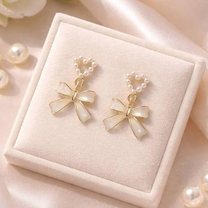 Heart Bow Drop Earrings | Elegant Gold-Tone Dangle Earrings