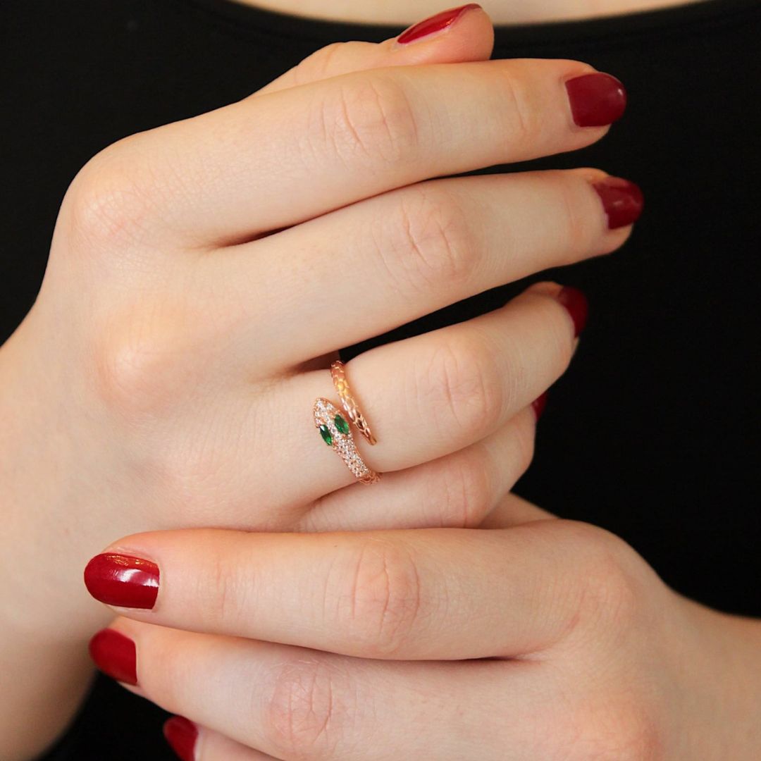 Adjustable Snake Ring for Women | Rose Gold Plated Serpent Ring with Green Stone Eyes