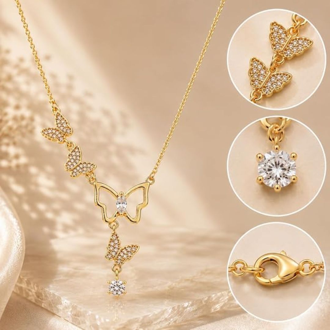 Butterfly Long Anti Tarnish Layered Necklace for Women | Gold Tone Multi-Strand Necklace