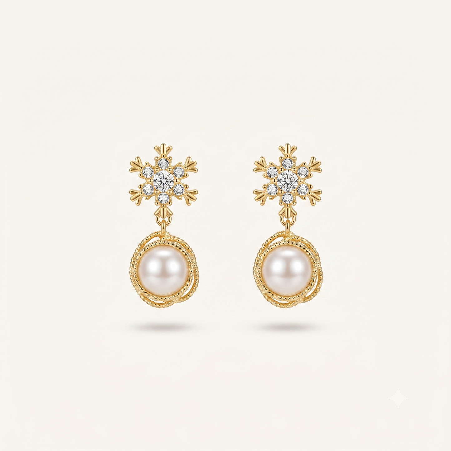 Prionori snowflake pearl drop earrings with crystal stud and gold-plated finish