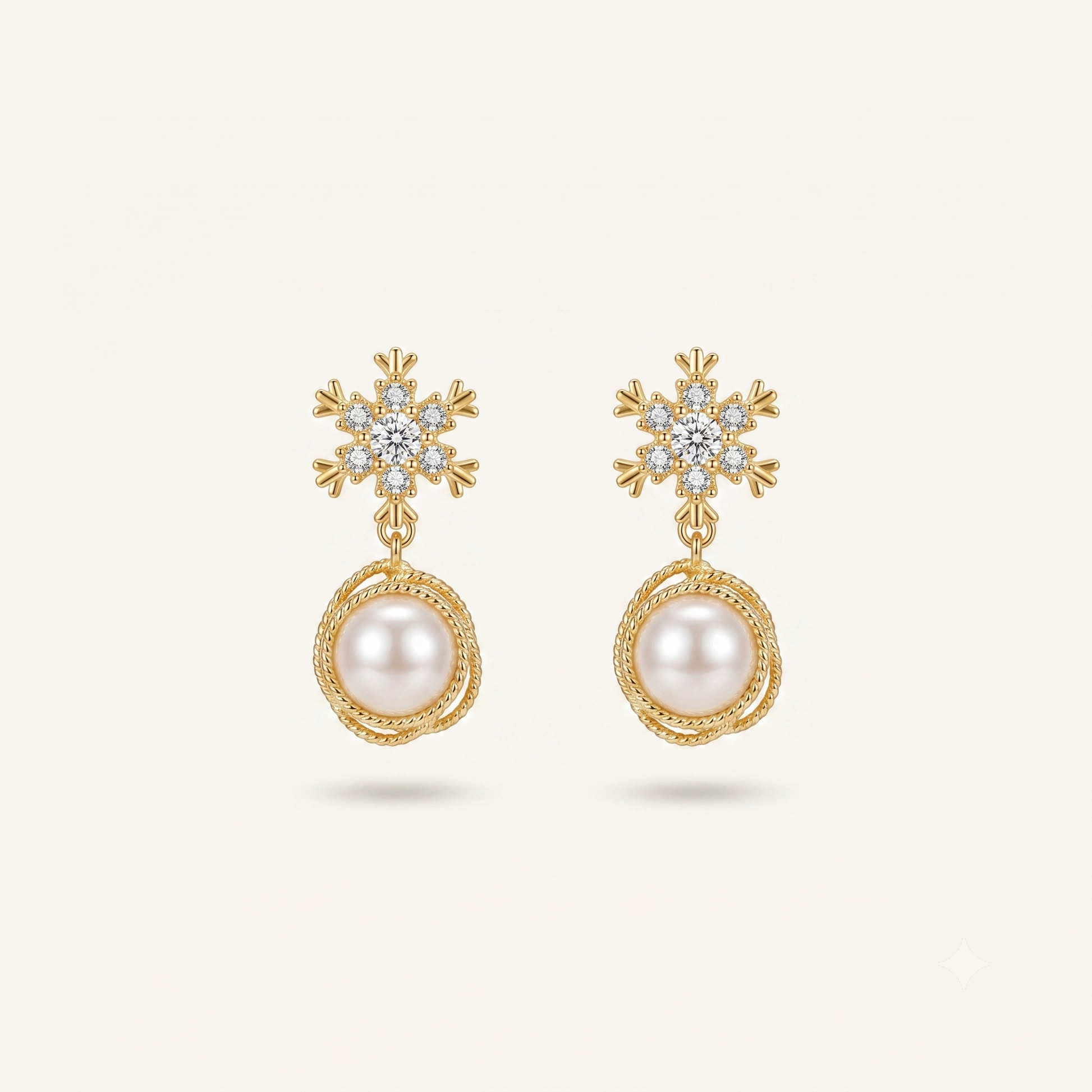Prionori snowflake pearl drop earrings with crystal stud and gold-plated finish