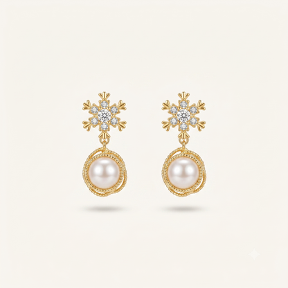 Prionori snowflake pearl drop earrings with crystal stud and gold-plated finish