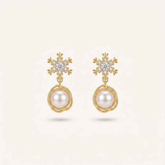 Prionori snowflake pearl drop earrings with crystal stud and gold-plated finish
